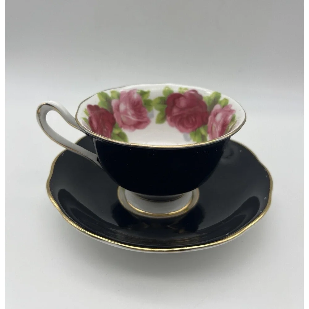 Vtg Royal Albert Bone China Crown Black Gold Old English Rose Tea Cup & Saucer
